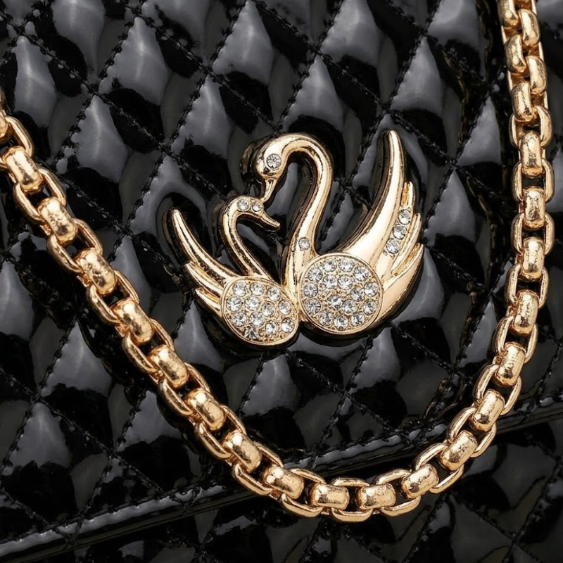Luxury Quilted Ladies Clutch Crystal Swan Emblem CR-157