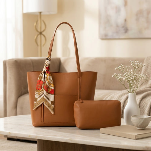 Trendy Brown Tote Bag with Scarf & Pouch CR-049