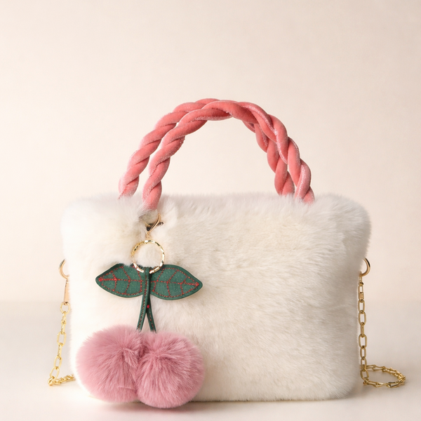 Elegant Plush Fur Mini Handbag with Cherry Charm (CR-119)
