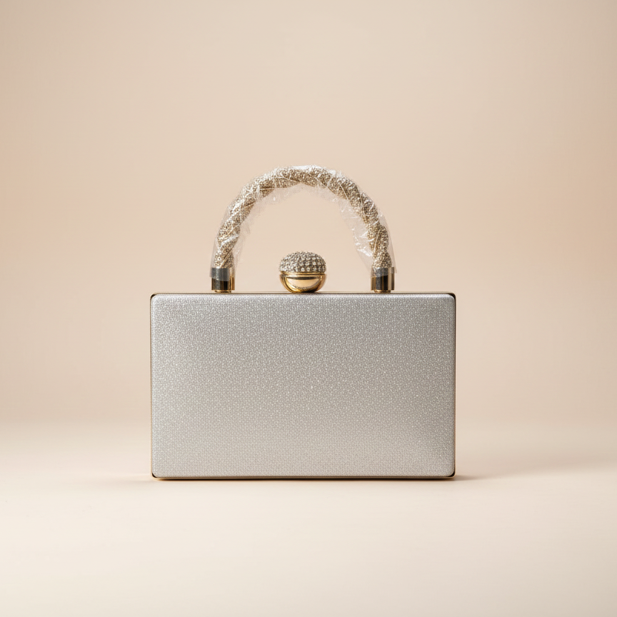 Luxe Glitter Box Clutch with Crystal Top Handle (CR-039)