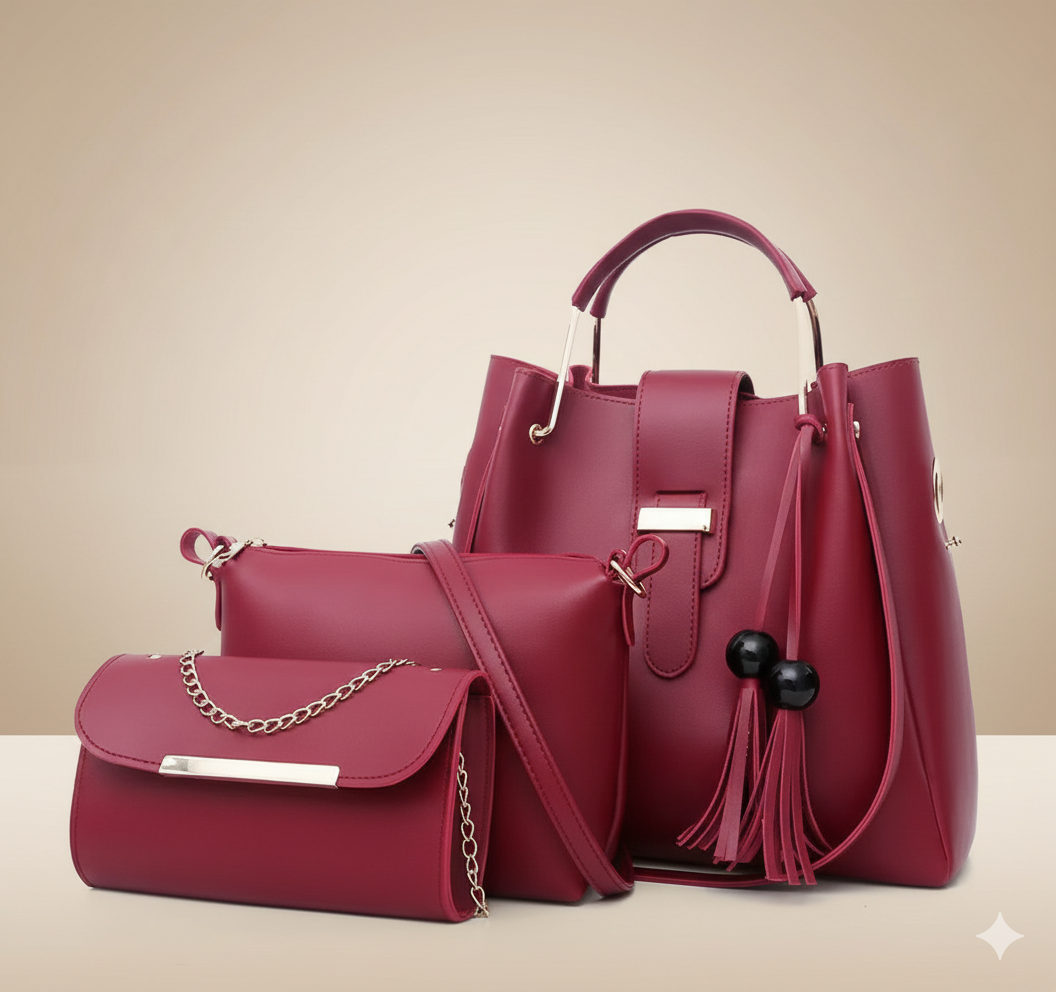 3-in-1 Premium Handbag Set – Maroon Edition (CR-019)