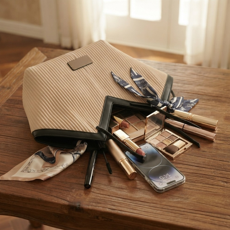 Luxury Ribbon-Accent Pleated Tote Bag CR-045