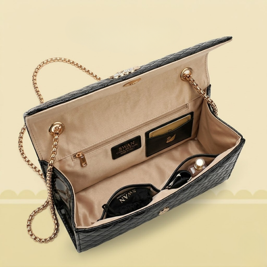 Luxury Quilted Ladies Clutch Crystal Swan Emblem CR-157