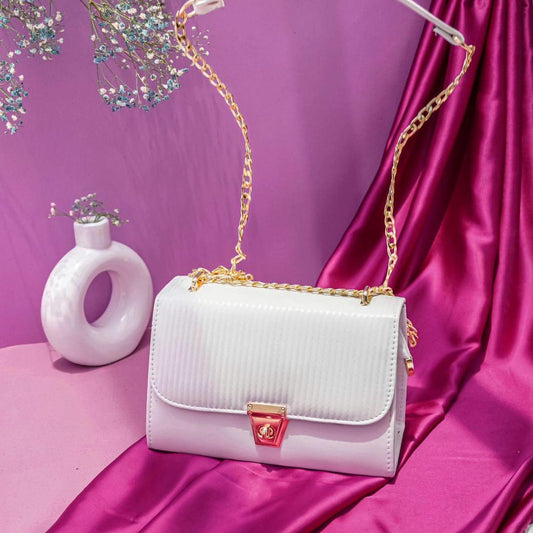 Textured Flap Shoulder Bag with Gold Chain and Turn-Lock Closure