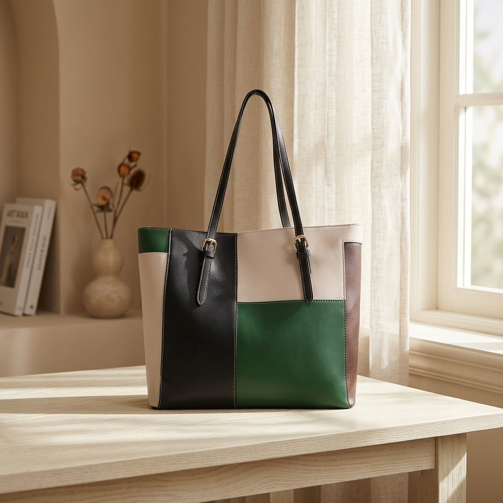 Chic Multi-Color Patchwork Structured Tote Bag CR-052