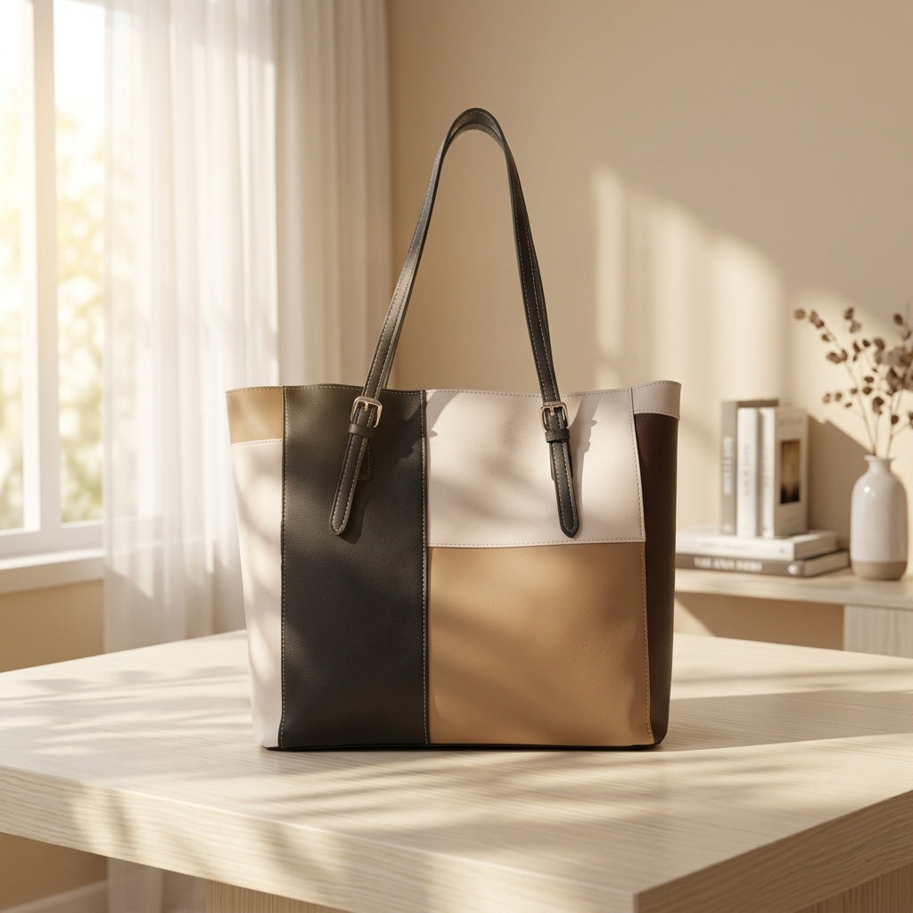 Chic Multi-Color Patchwork Structured Tote Bag CR-052