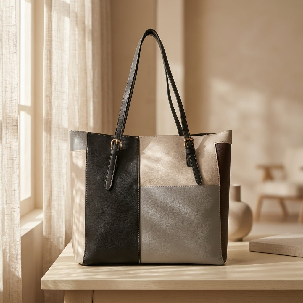 Chic Multi-Color Patchwork Structured Tote Bag CR-052