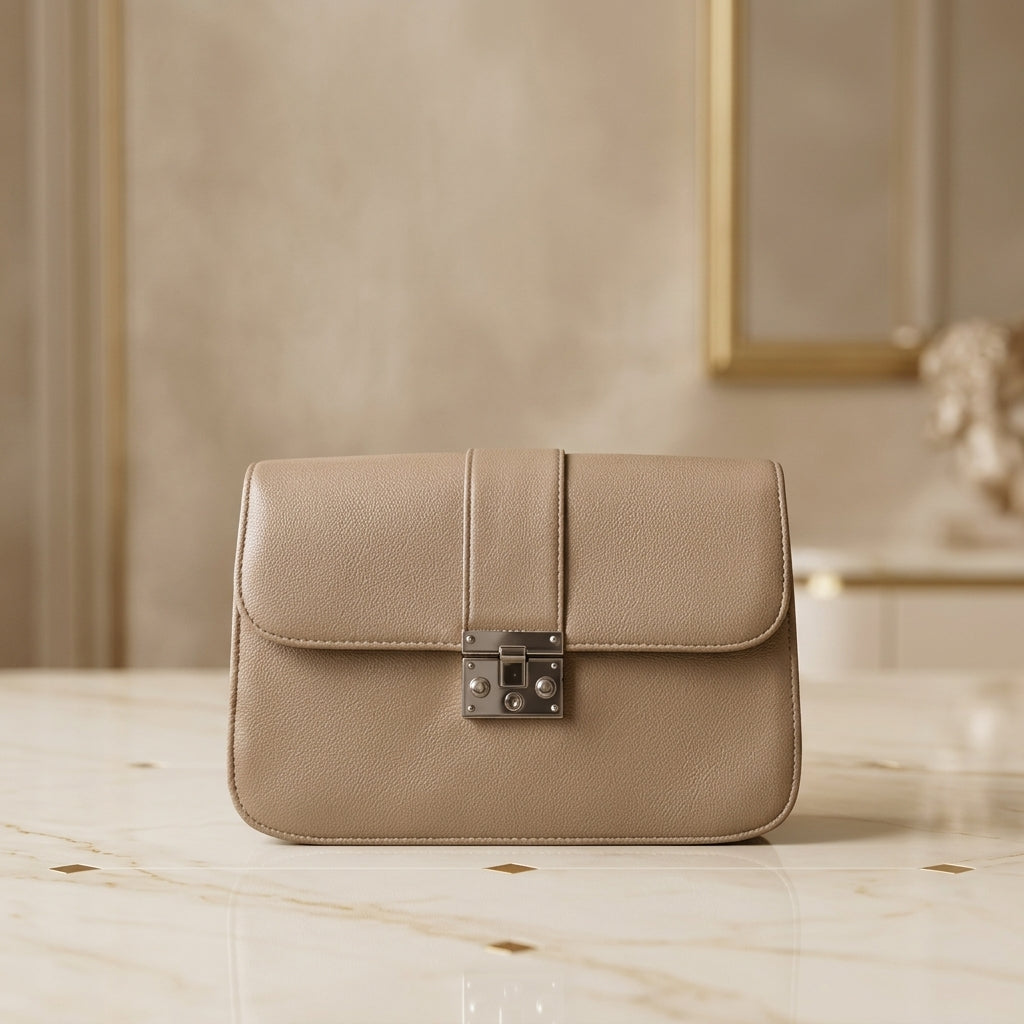 Classic Tan  PU Leather Crossbody Bag with Metallic Lock CR_097