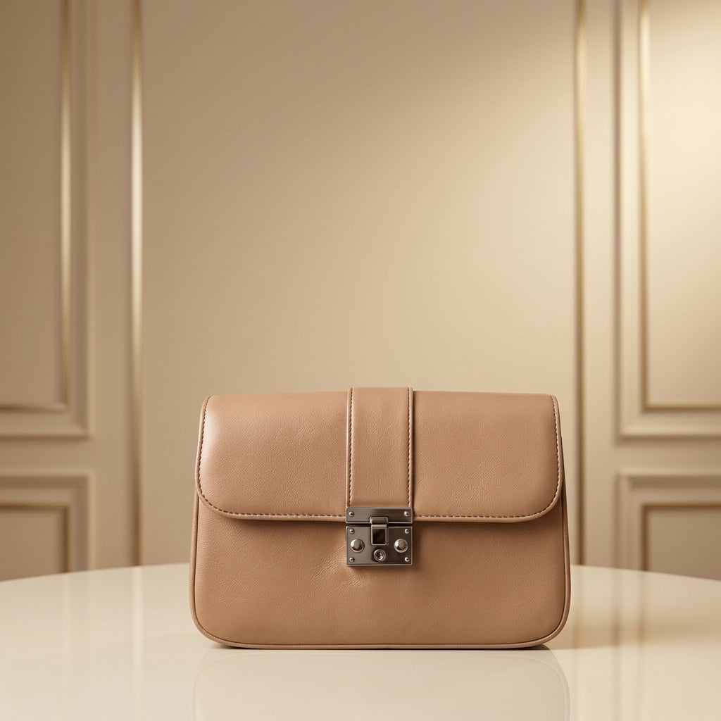 Classic Tan  PU Leather Crossbody Bag with Metallic Lock CR_097
