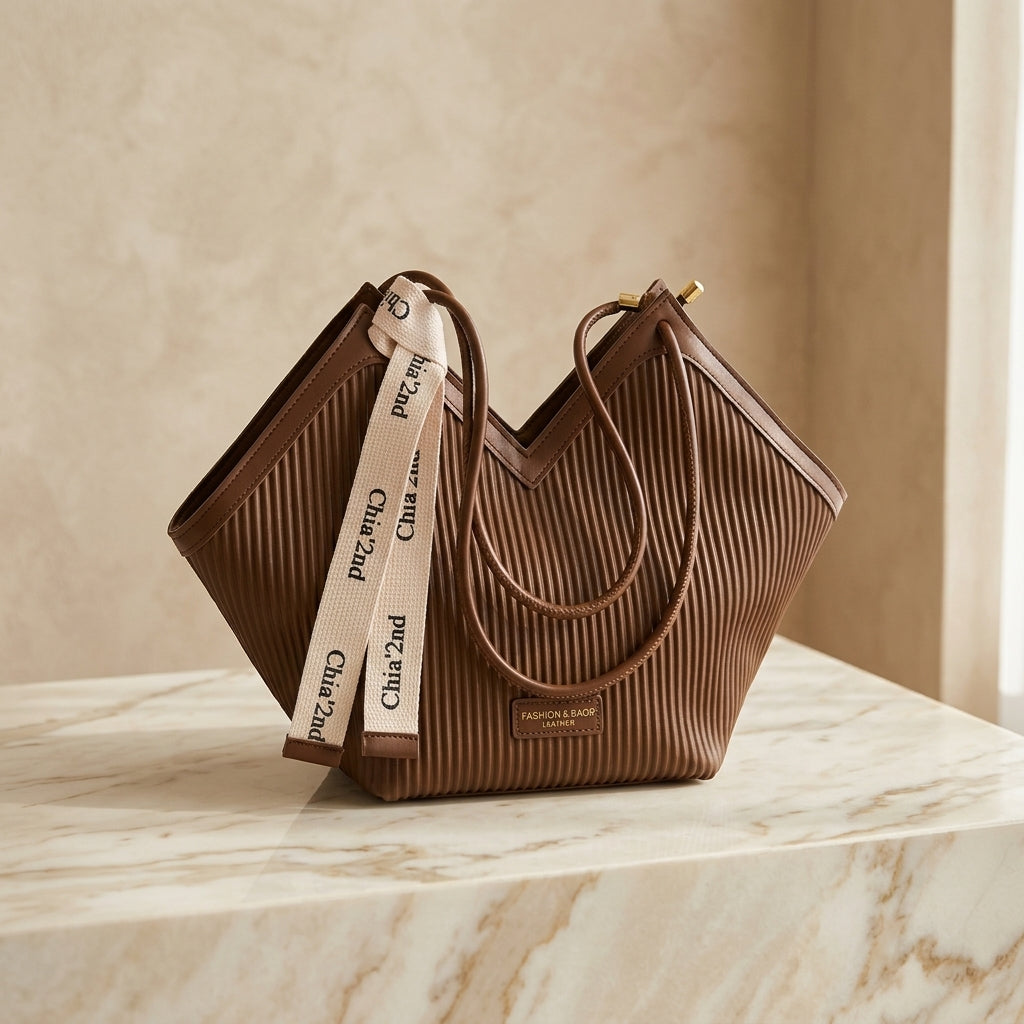 Luxury Ribbon-Accent Pleated Tote Bag CR-045