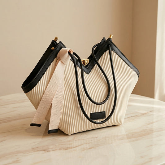 Luxury Ribbon-Accent Pleated Tote Bag CR-045