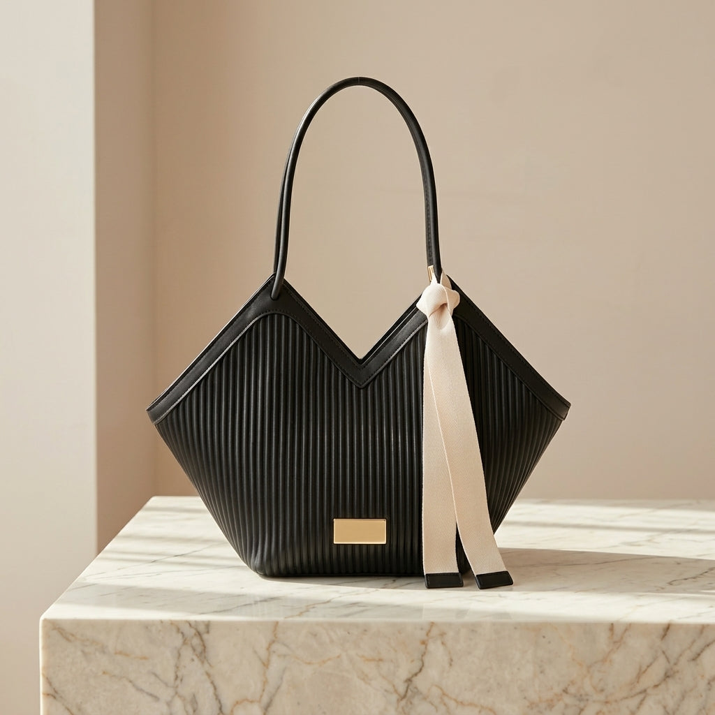 Luxury Ribbon-Accent Pleated Tote Bag CR-045