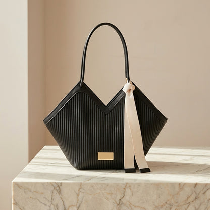 Luxury Ribbon-Accent Pleated Tote Bag CR-045