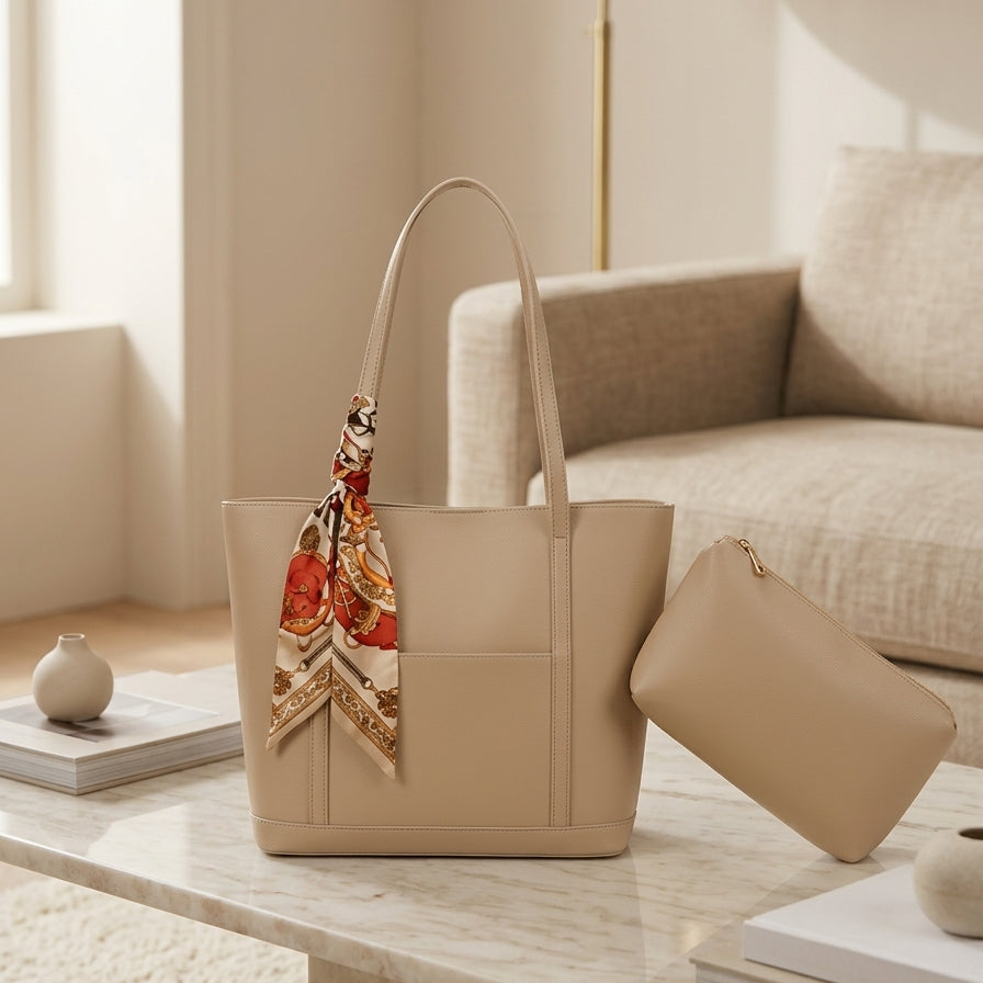 Trendy Brown Tote Bag with Scarf & Pouch CR-049