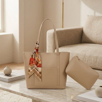 Trendy Brown Tote Bag with Scarf & Pouch CR-049
