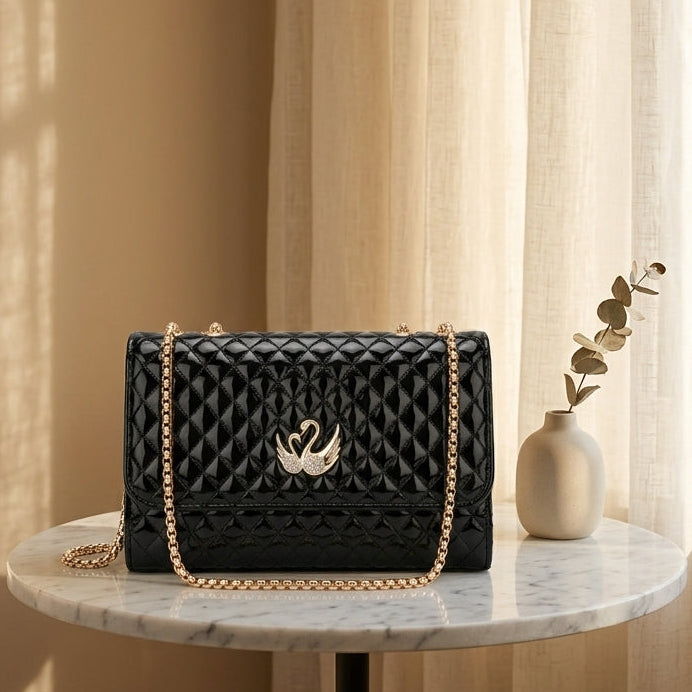 Luxury Quilted Ladies Clutch Crystal Swan Emblem CR-157