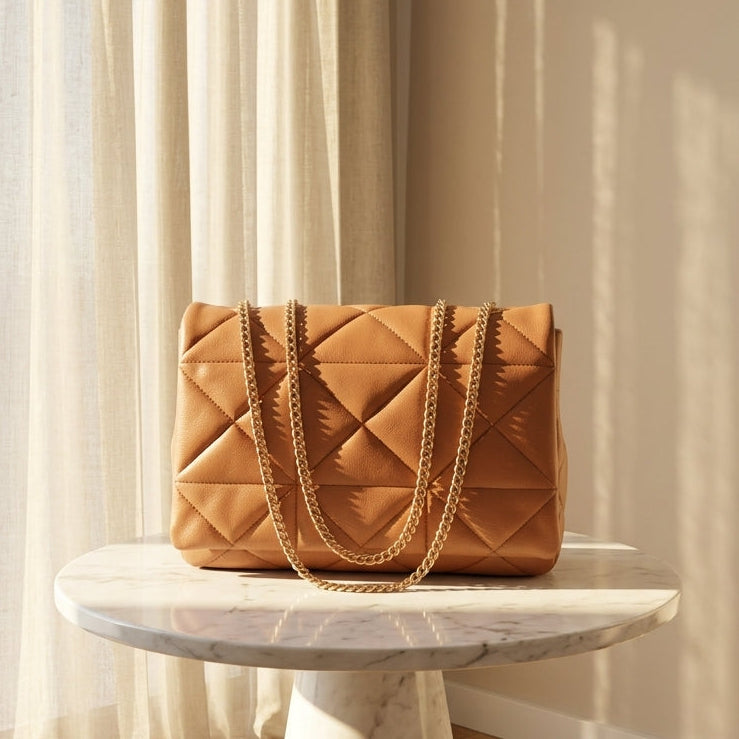 Large Quilted Ladies Shoulder Bag Gold Chain CR-167