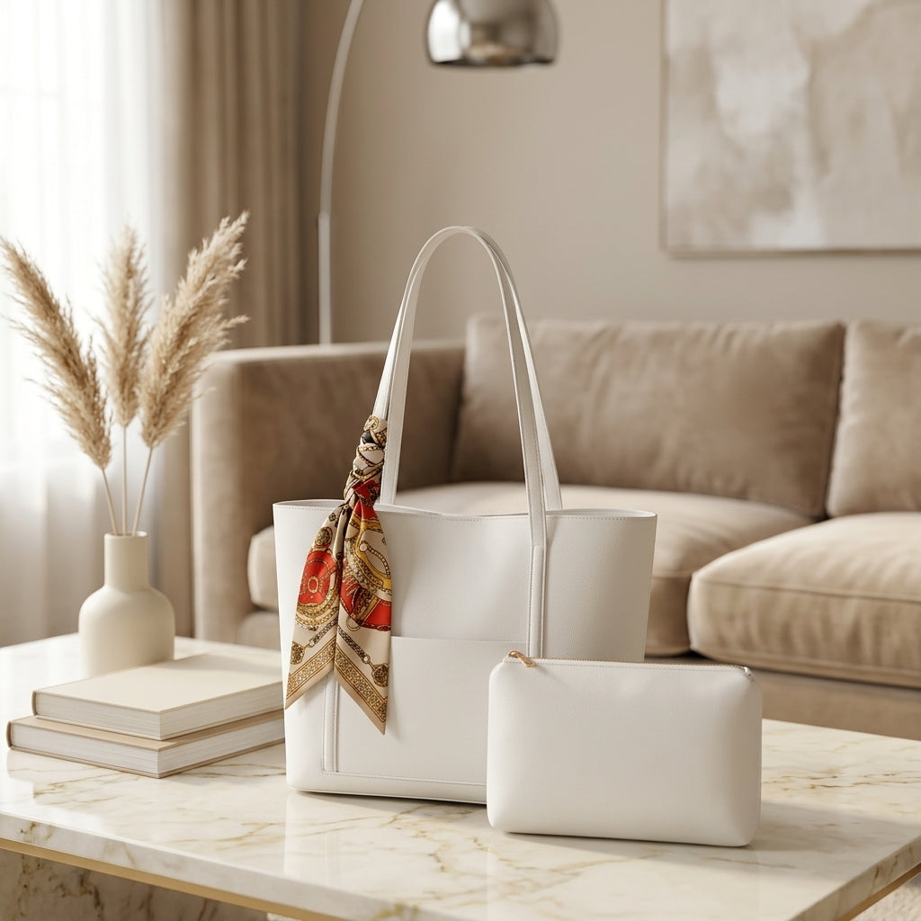 Trendy Brown Tote Bag with Scarf & Pouch CR-049